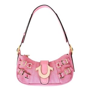 True Religion Pink Buckle Horseshoe Shoulder Bag Women Mini Denim Hobo Purse Adj